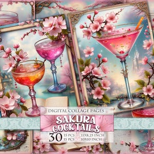 Sakura Cocktail, Drink Cliparts Printable 30 Einzelseite JPG - 15 Stück 11 x 8,25 Zoll und 15 Stück 10 x 10 Zoll Scrapbook Ephemera Sofortiger Download