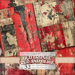 Oude grunge rood en beige, afdrukbare 32 HQ JPG-afbeelding, digitale aquarel plakboek ongewenste dagboekomslag kortstondige decoupage, Instant download.
