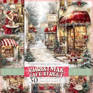 Christmas Cafe Street, druckbare JPG 30 JPG Digitale Bilder Aquarell Clipart Scrapbook Junk Journal Postkarte Sofort download.