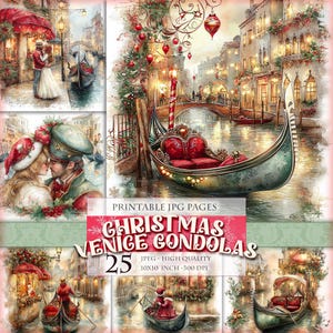 Weihnachten in Venedig Gondels, Noel Landschaft, bedruckbare 25 JPG digitale Bilder, Clipart Scrapbook Junk Journal Postkarte, sofort download.