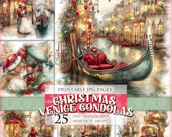Christmas in Venice Gondolas, Noel Landscape, Printable 25 HQ JPG Digital images, clipart scrapbook junk journal postcard Instant download.