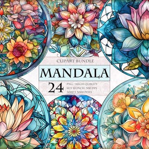 Ensemble de mandalas, vitrail, clipart aquarelle, format PNG imprimable HQ 24, album de coupures, image transparente par sublimation, téléchargement immédiat