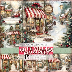 Cute Village Red Street, Printable Digital images HQ 15 JPG, scrapbook junk journal decoupage postcard watercolor clipart Instant download.