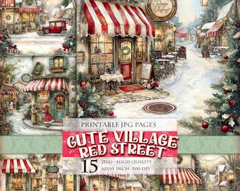 Cute Village Red Street, Printable Digital images HQ 15 JPG, scrapbook junk journal decoupage postcard watercolor clipart Instant download.