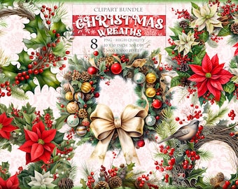 Julkransar, blommig akvarell clipart, utskrivbara 8 PNG-bilder, Fussy Cut-klistermärke transparent sublimering, omedelbar nedladdning.
