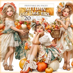 Meninas do chalé de outono, clipart PNG, abóbora e plantas de colheita de outono, 20 imagens para impressão, adesivos de cortes elaborados, download instantâneo.
