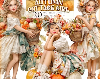Op de afbeelding: Digitale kunst met drie jonge meisjes in cottagecore-kleding, met manden met herfstoogst. De afbeelding bevat pompoenen, appels en bloemen. Tekst luidt "Autumn Cottage Girl" en "Printable JPG Pages".