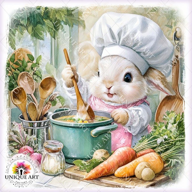 Cooked Rabbit Drawing Bunny's Kitchen Clipart Bundle, Printable 30 JPEG Image, Cooking Chef ...