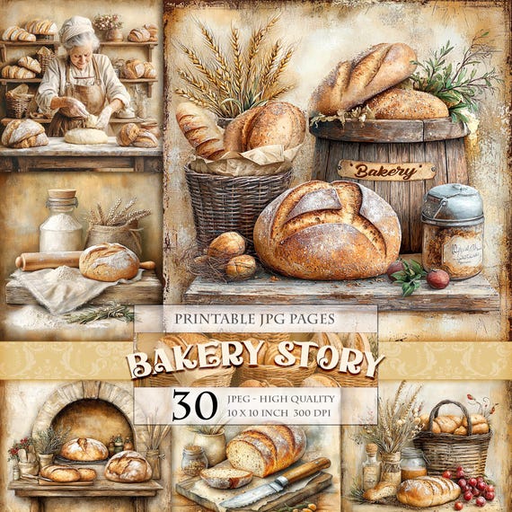 Bakery Story, Bread Baking Clipart, Printable 30 HQ JPG image, Country Kitchen Art Scrapbook Junk Journal Ephemera Digital instant download.
