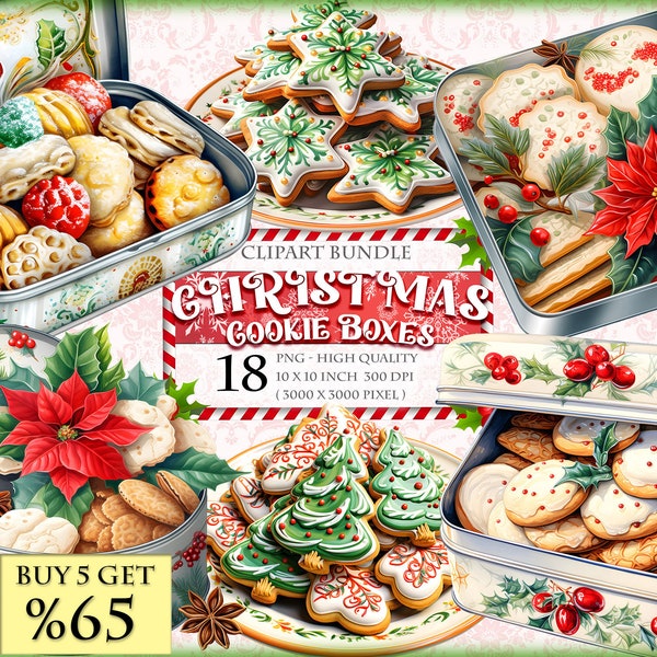 Christmas Cookie Boxes, Gingerbread, Pastry Themed Watercolor Clipart Bundle, HQ Printable, PNG format, instant download.