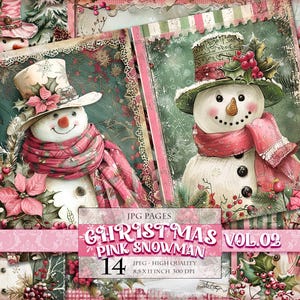Bonhomme de neige rose de Noël Vol.02, paysage d'hiver, image numérique imprimable, pages de carnet de scrapbooking, carte postale de découpage, téléchargement immédiat.