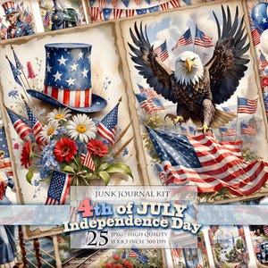 4 juillet, jour de l'indépendance, kit de carnet de voyage aquarelle patriotique, imprimable 25 JPG - téléchargement immédiat 11 X 8,5 pouces, feuille de collage numérique