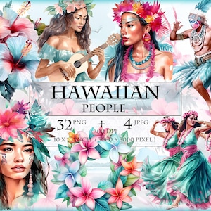 Hawaiianische Leute, tropische Insel Leute tanzen, Aquarell Cliparts, druckbare 32 PNG + 4 JPEG Bild, wählerische Schnitte Aufkleber, sofortiger Download.