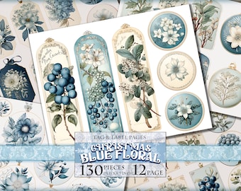 青い花柄タグ、ラベル、ATC、水彩ジャンクジャーナル装飾、12ページ130