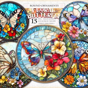 Op de afbeelding: Set van 15 ronde ornamenten met vlinders en bloemen in de stijl van glas-in-lood. De vlinders zijn in tinten blauw, paars en oranje, en de bloemen zijn in tinten rood, geel en wit. De ornamenten hebben een diameter van 25,4 cm en een resolutie van 300 DPI.