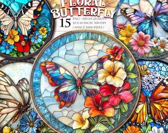 Floral Butterfly Round Ornaments, 15 PNG Vintage Botanical Circles for Junk Journals, Shabby Chic Butterfly Ephemera, Garden Digital Clipart