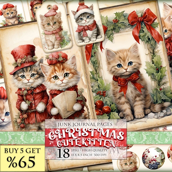 Christmas Cute Kitten, Watercolor Junk Journal Kit, 18 JPG - 11X8,5 inch, Instant download and printable, Digital collage sheet