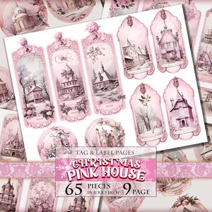 Tagi Pink House, etykiety, ATC, ozdoby do dziennika Watercolor Junk, 65 sztuk na 9 stronach do druku, arkusze kolaży cyfrowych