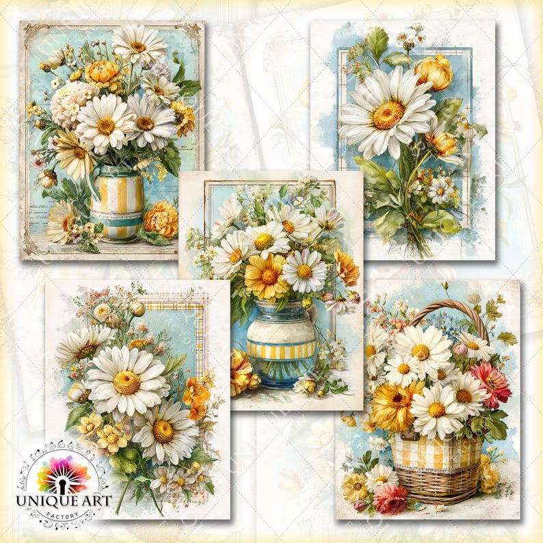 May include: A collection of five vintage-style floral prints featuring daisies and other flowers. The prints showcase bouquets in vases and baskets, with a soft color palette of white, yellow, and blue. The prints have a watercolor effect.