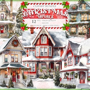 Weihnachtshäuser, Winter Gemütliches Haus, Aquarell Clipart Bundle, 12 QUARZ druckbare PNG, transparente Sublimation Digitalbild, sofortiger Download
