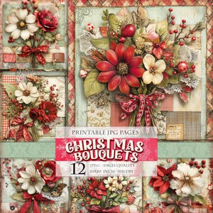 Buquês de Natal, 14 imagens HQ JPG para impressão, Scrapbook Junk Journal Cartão postal Cartaz Decoupage Fundo Aquarela Download instantâneo