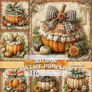 May include: A collage featuring several decorative pumpkins with bows, ruffles, and floral accents. The pumpkins are orange, white, and green, with a vintage aesthetic. Text reads "AUTUMN VINTAGE PUMPKINS 16" and "10 x 10 inch 300 DPI".