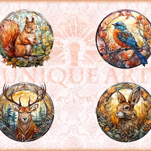 May include: Four stained glass circles with nature scenes. The first circle features a red squirrel in a forest setting. The second circle features a blue bird with orange accents perched on a branch. The third circle features a deer with antlers in a forest setting. The fourth circle features a brown rabbit in a forest setting.