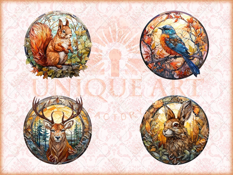 May include: Four stained glass circles with nature scenes. The first circle features a red squirrel in a forest setting. The second circle features a blue bird with orange accents perched on a branch. The third circle features a deer with antlers in a forest setting. The fourth circle features a brown rabbit in a forest setting.