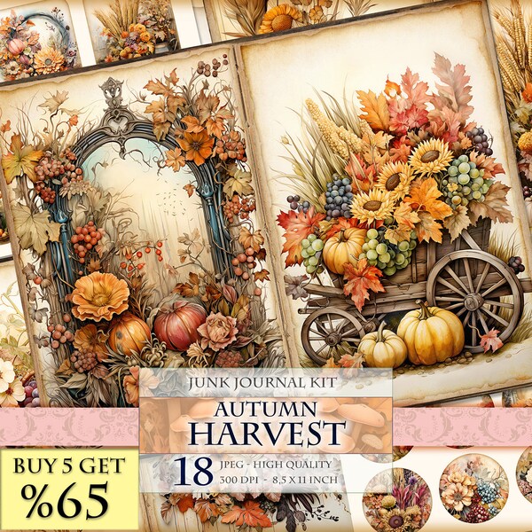 Autumn Harvest, Watercolor Junk Journal Kit, 18 JPG - 11X8,5 inch, Instant download and printable, Digital collage sheet.