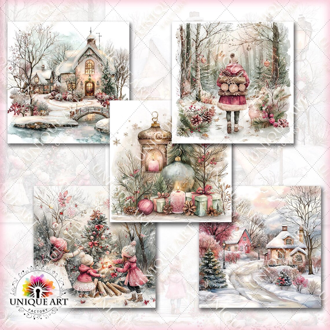 Pink Winter Scene Christmas, Printable 30 JPG Digital Images, Clipart ...