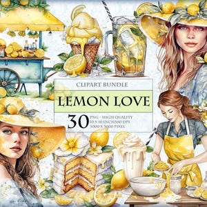 Lemon Love, Obst und Blüte, Aquarell Clipart Bundle, 30 QUARZ druckbare PNG, transparente Sublimation Digitalbild, sofortiger Download