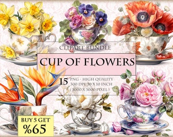 Cup Of Flowers - Watercolor Clipart Bundle - HQ Printable PNG format instant download