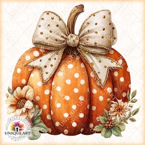 May include: A watercolor illustration of a pumpkin with white polka dots. The pumpkin is adorned with a large cream-colored bow with gold accents. Floral accents and leaves surround the pumpkin, creating a festive autumn theme.