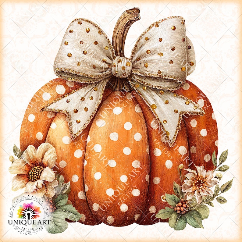 May include: A watercolor illustration of a pumpkin with white polka dots. The pumpkin is adorned with a large cream-colored bow with gold accents. Floral accents and leaves surround the pumpkin, creating a festive autumn theme.