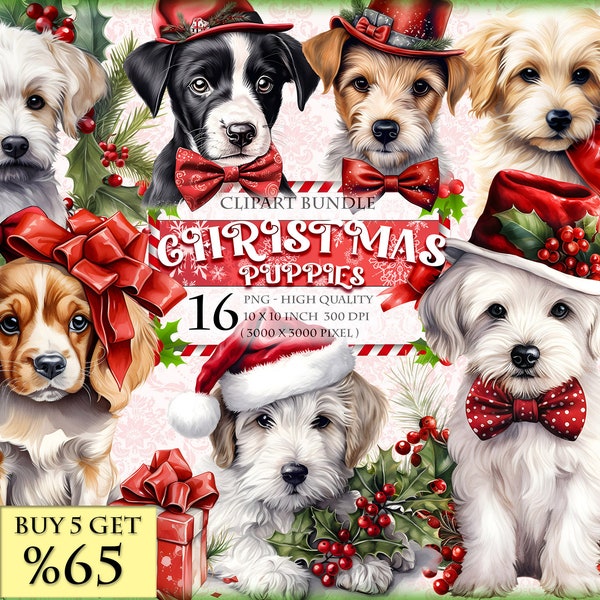 Christmas Puppies, Cute Puppy Watercolor Clipart Bundle, HQ Printable, PNG format, instant download