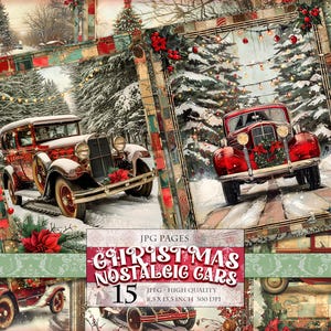 Christmas Nostalgic Cars, Printable Scrapbook Pages, Watercolor Digital images, Junk Journal Postcard Decoupage Making Instant download.