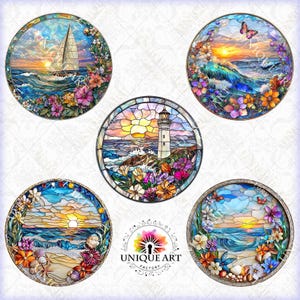 May include: Five round stained glass designs featuring seascapes with sunsets, sailboats, lighthouses, and seashells. The designs are surrounded by colorful flowers and butterflies.