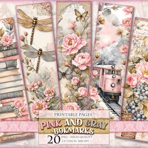Segnalibri rosa e grigi, 20 segnalibri da 2 x 7 pollici in 4 pagine JPG stampabili, stampabili per gli amanti dei libri, accessori per libri, download immediato.