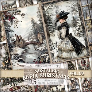 ノスタルジック セピア クリスマス Vol.02、印刷可能なジャンク ジャーナル キット、デジタル ページ、タグ、ラベル、ATC、25 枚の JPG 11 x 8.5 インチ画像、即時ダウンロード。