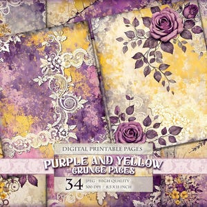 Lila und Gelb Grunge Seiten, Aquarell Scrapbook Collage Sheets, bedruckbare 34 JPG Einzelseite, 11 X 8,5 Zoll, Instant Download.