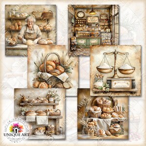 Puede incluir: Un collage de im&aacute;genes de acuarela que representan un tema de panader&iacute;a. Las im&aacute;genes incluyen un panadero, un interior de panader&iacute;a, pan en cestas y una balanza. La paleta de colores es c&aacute;lida, con marrones, beiges y cremas.