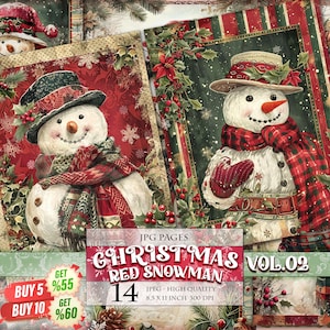 Weihnachten Roter Schneemann Vol.02, Winterlandschaft, druckbares digitales Bild, Scrapbook Junk Journal Seiten, Decoupage Postkarte Sofort download.