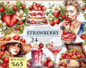 Strawberry - Watercolor Clipart Bundle - HQ Printable PNG format instant download