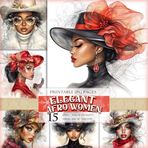 Elegante Afro Frauen, druckbare QUARZ 15 JPG Bilder, Aquarell Clipart Bundle, Scrapbook, Junk Journal, Decoupage, Postkarte, Sofort Download.