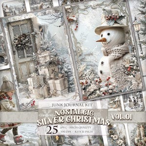 ノスタルジック シルバー クリスマス Vol.01、印刷可能なジャンク ジャーナル キット、デジタル ページ、タグ、ラベル、ATC、25 枚の JPG 11 x 8.5 インチ画像、即時ダウンロード。