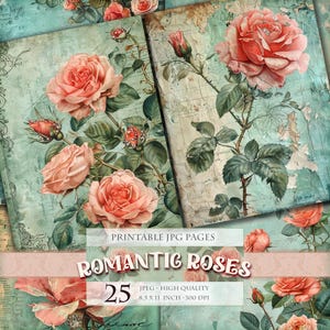 Rosas románticas, imagen JPG de alta calidad imprimible de 25, página de álbum de recortes de acuarela digital, cubierta de diario basura, papel efímero, decoupage, descarga instantánea.