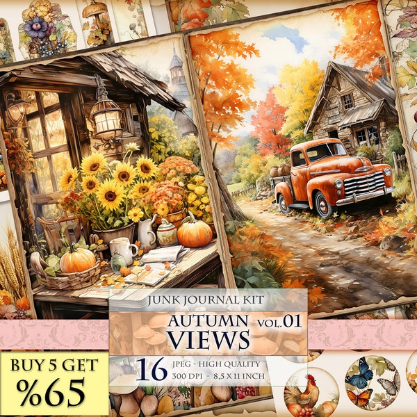 Autumn Views Vol.01, Fall Landscape Watercolor Junk Journal Kit, 16 JPG - 8,5X11 inch, Instant download and printable, Digital collage sheet