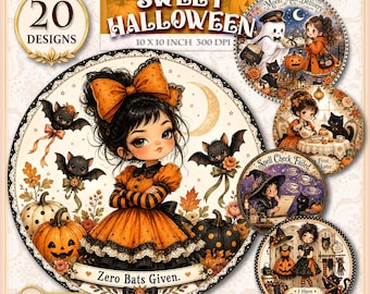 Sweet Halloween Round Clipart Set, 20 Printable Halloween PNGs, Cute Witch, Black Cat, Ghost and Pumpkin Digital Download