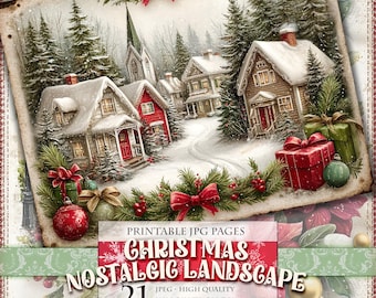 Christmas Nostalgic Landscape, Snowy Noel, Printable 21 JPG image, Journal Clipart Ephemera Pages Postcard Art Poster, instant download.