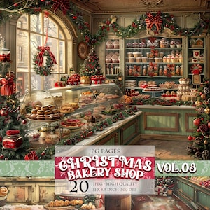 Christmas Bakery Shop Vol.03, druckbare digitale Bilder, Scrapbook Seiten, Junk Journal Postkarte Decoupage Collage machen, sofort herunterladen.